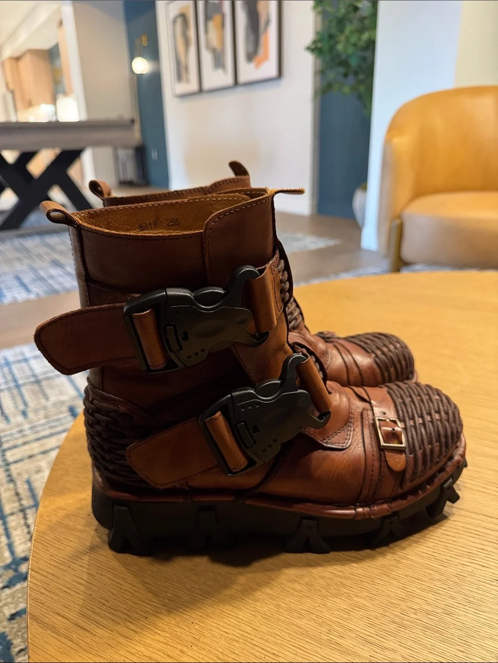 Women's Tan Woven Leather Moto Combat Boots - Picture 2 of 12